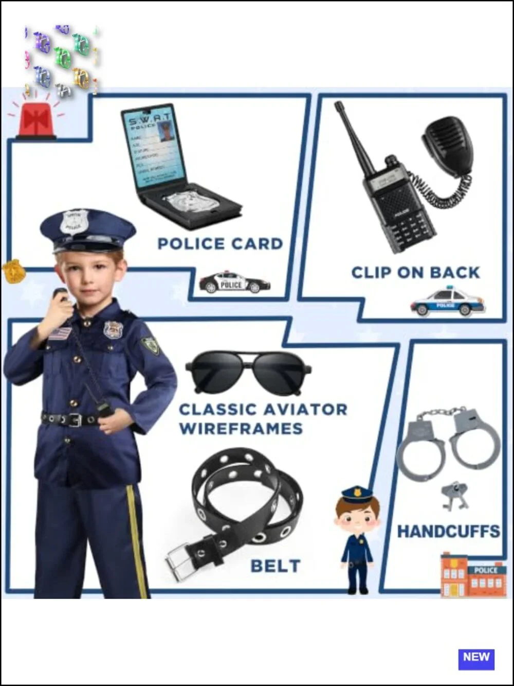 Kids Police Officer Costume Set - 5 Piece Halloween Dress Up Uniform with Hat &